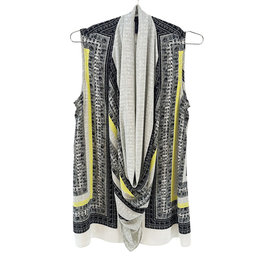 BCBG MAXAZRIA Chic Scarf Print Drape Neck Tank Top • Small • gray, black, yellow